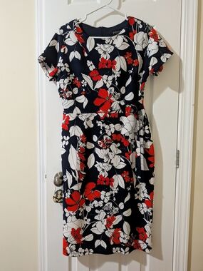 Enfocus Studio Navy Floral Sheath Dress with Red & White Blooms